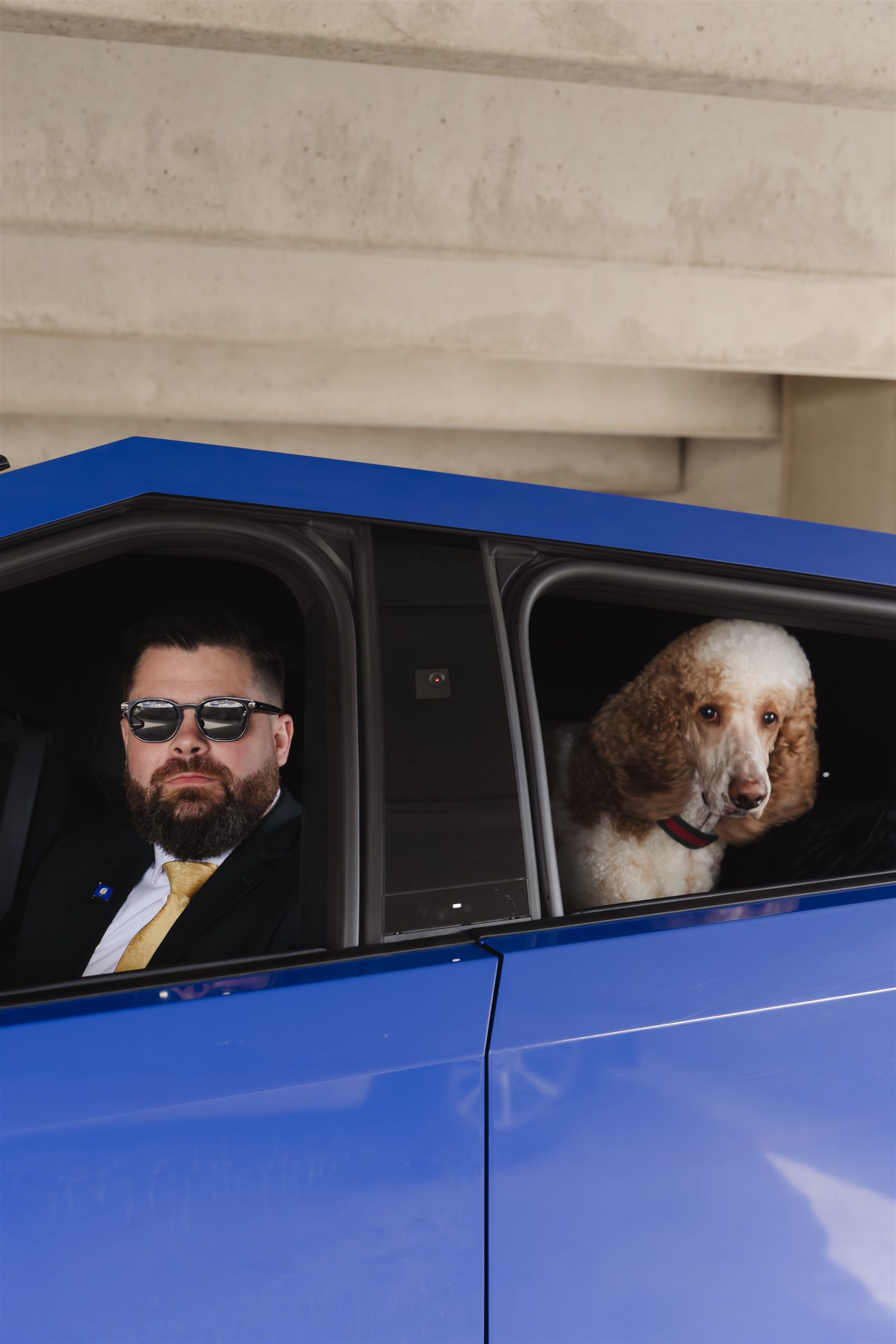 Bart Denham and his dog looking out from a blue truck